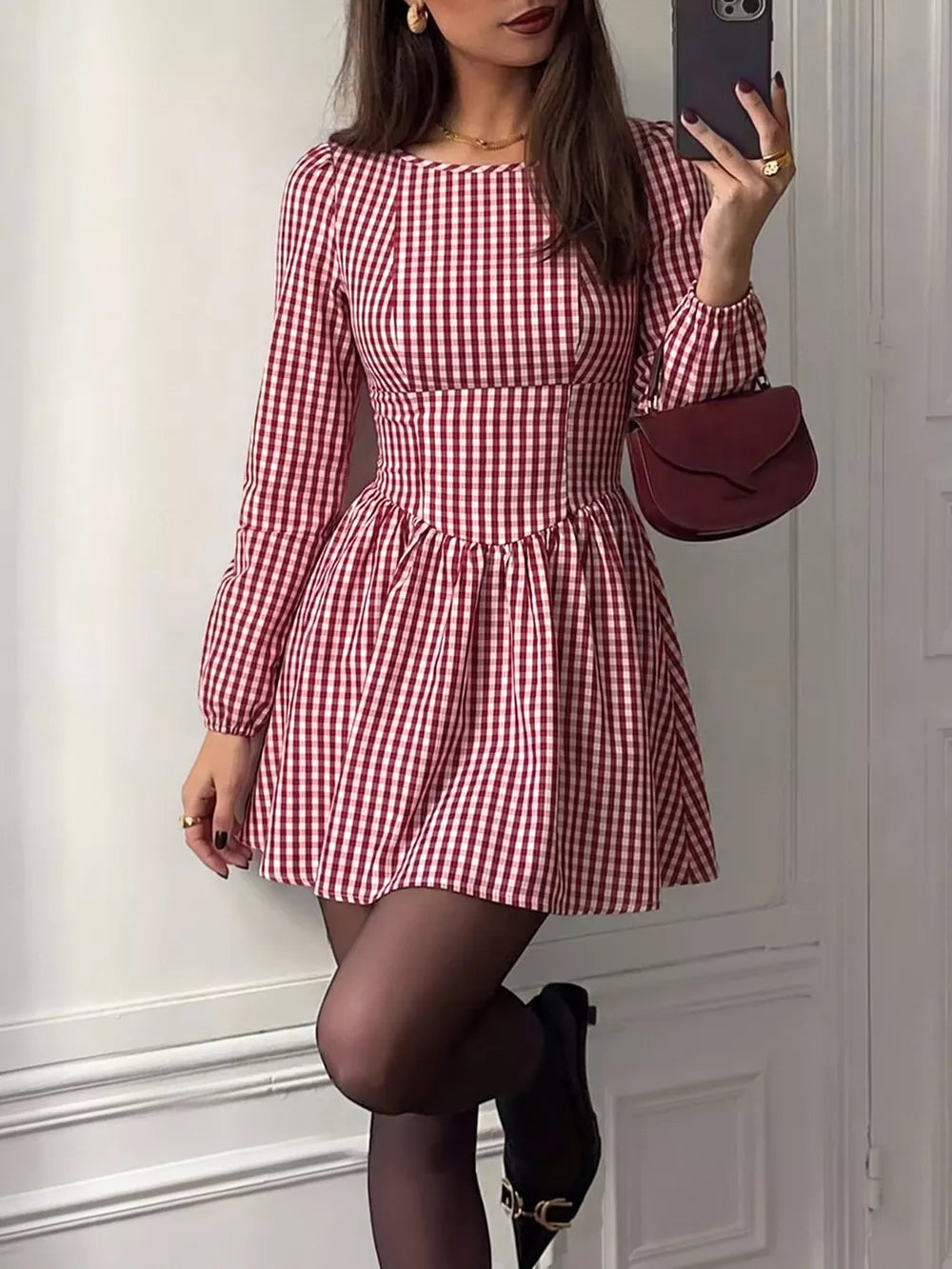 Backless Plaid Long Sleeve Mini Dress option 4