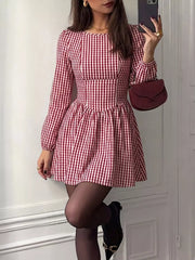 Backless Plaid Long Sleeve Mini Dress option 4