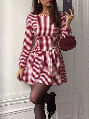 Backless Plaid Long Sleeve Mini Dress option 4