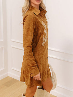 Brown shirt dress featuring buttoned and floral
