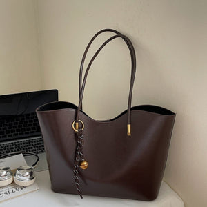 Premium Pu Leather Large Tote Bag in Coffee Brown with gold hardware and a decorative charm.