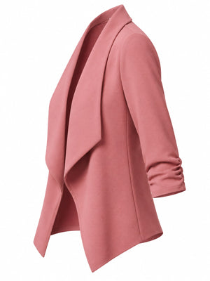 Full Size Open Front Drape Blazer 3/4 Sleeves in Hot Pink with ruched