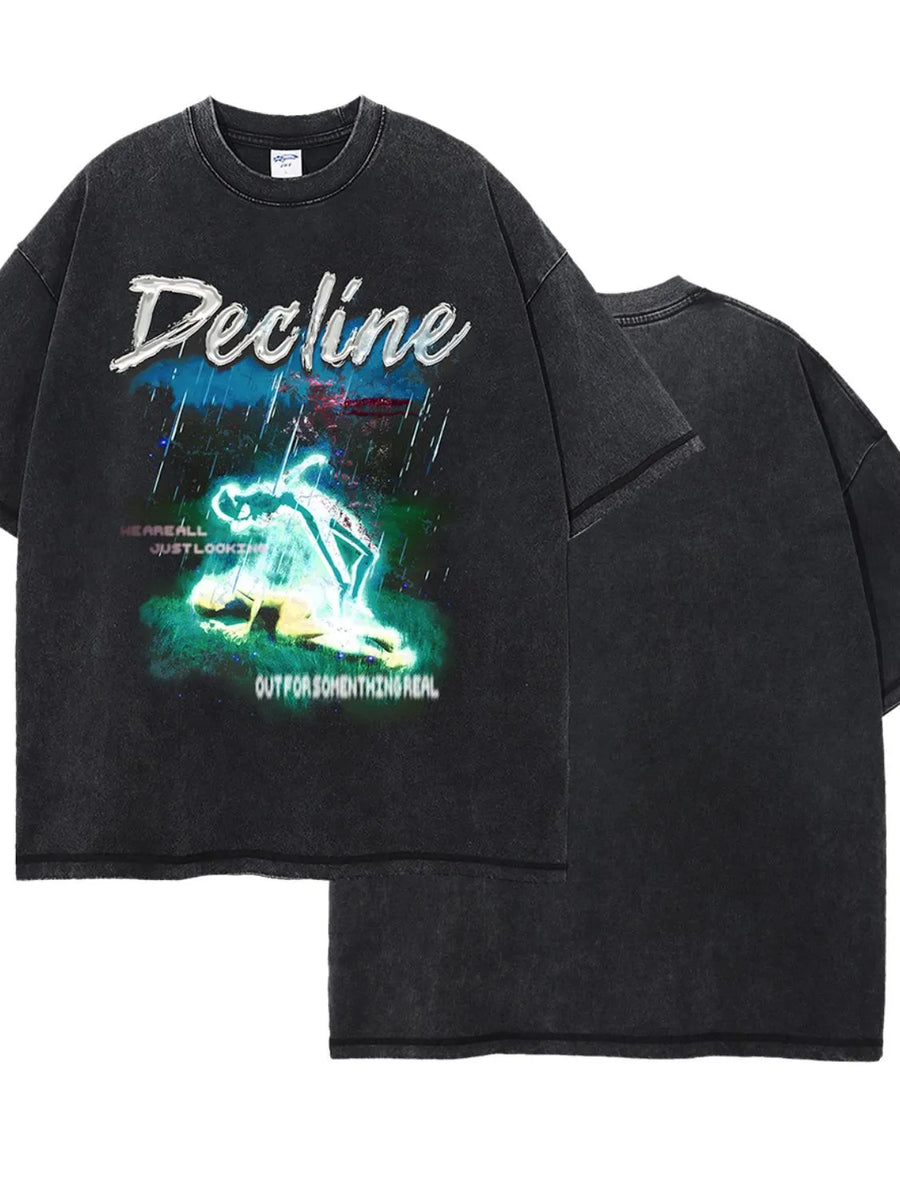 GraphiSleeve crew neck t-shirt in black acid wash with graphic print and text.