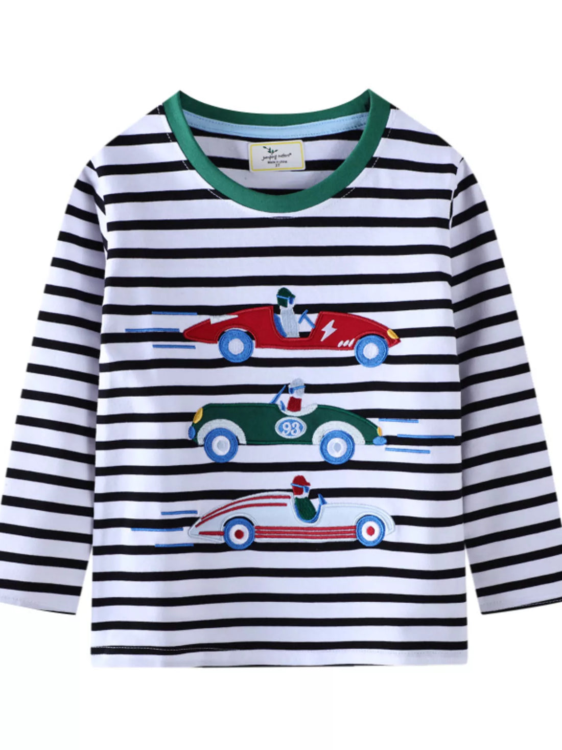Black and white striped long sleeve tee with embroidered racing cars and green trim.