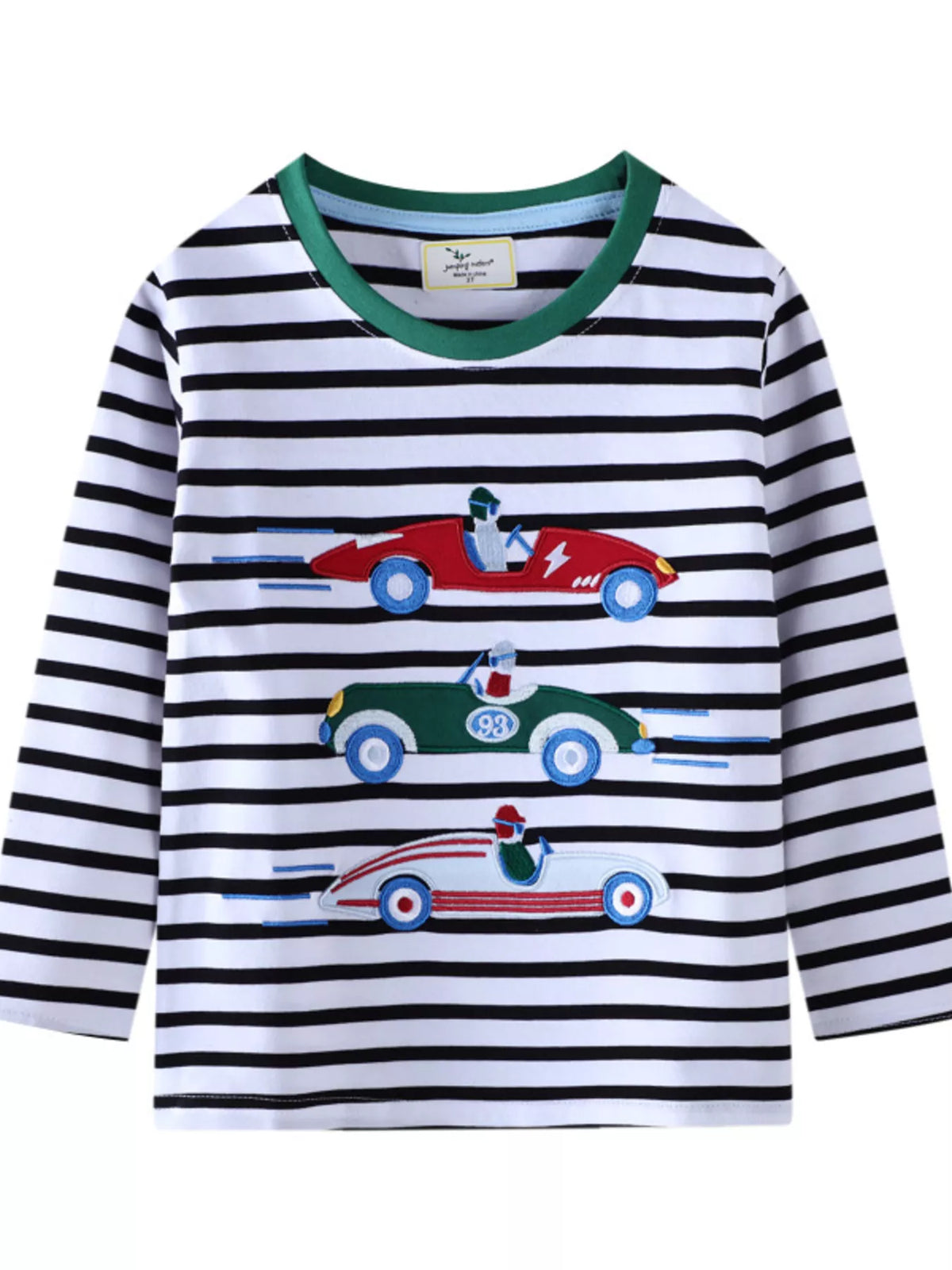 Black and white striped long sleeve tee with embroidered racing cars and green trim.