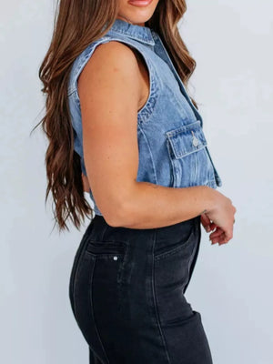 95%cotton, 5%spandex Care instructions: Machine wash cold vest in medium blue with boxy silhouette