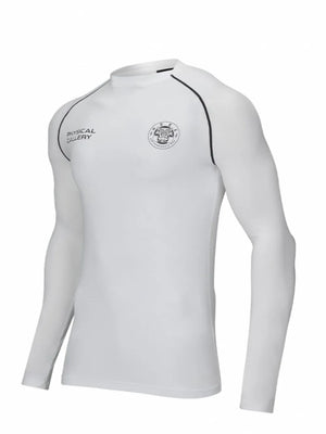 White long sleeve performance fit crew neck t-shirt with black piping and logos.