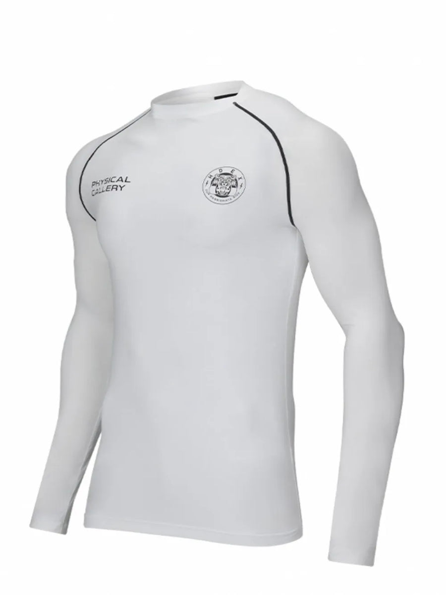 White long sleeve performance fit crew neck t-shirt with black piping and logos.