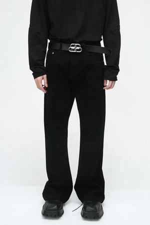 Sculpted bootcut denim trousers in dark, with a classic fit and a silver buckle belt.