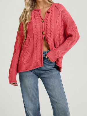 Yellow cardigan with hip-length and button-front