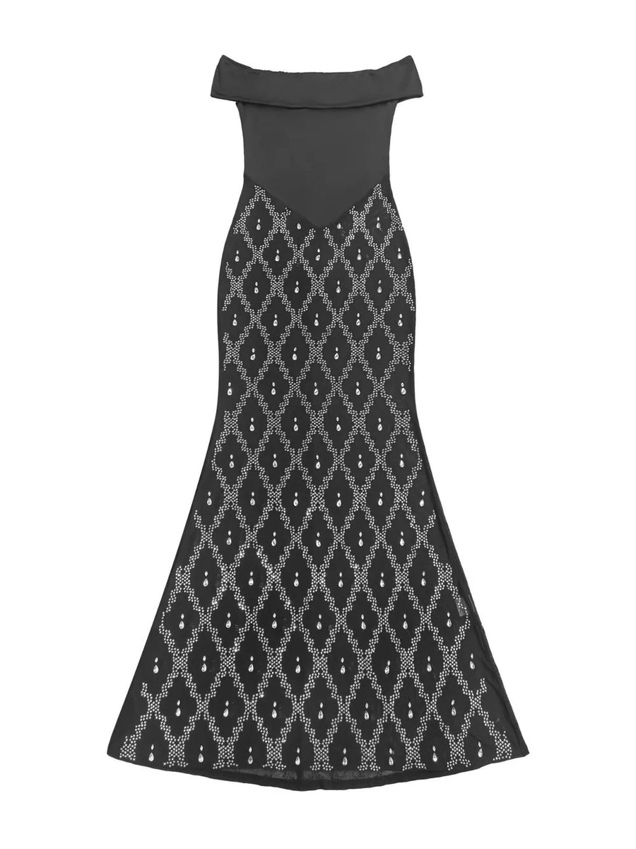 silver maxi dress with back-zip and geometric