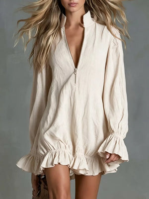 mini dress in cream featuring ruffled and relaxed fit