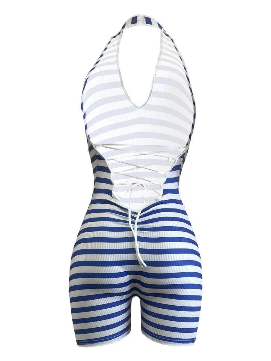Blue striped halter romper with crisscross back tie detail