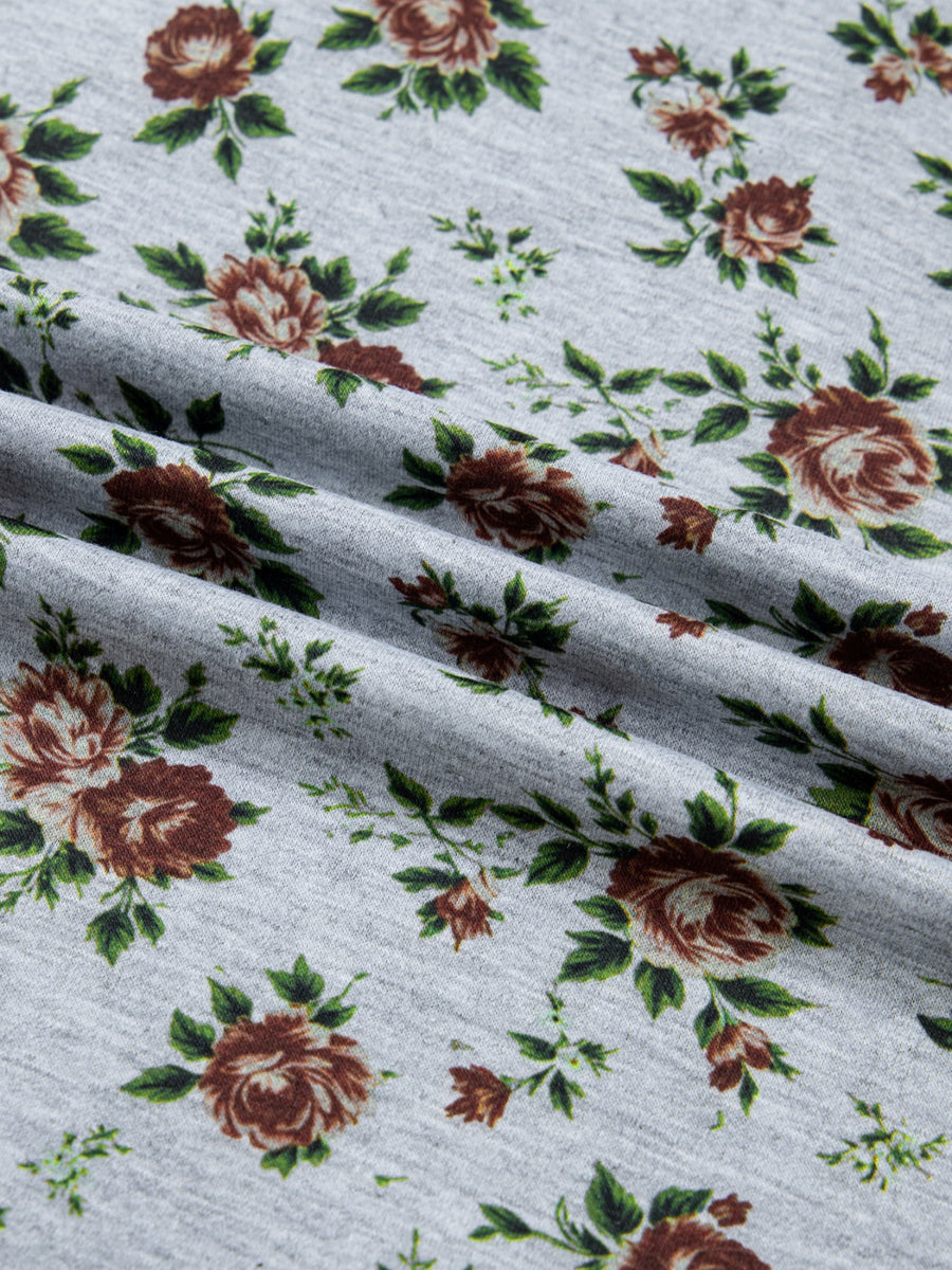 Denim patchwork floral blouse in grey with brown roses and green leaves pattern