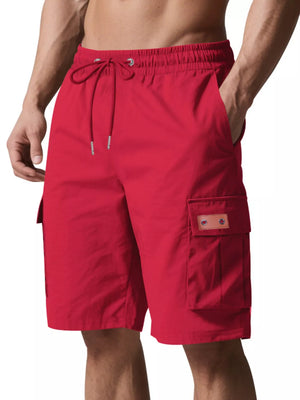 Deep red cargo shorts with drawstring waist and button flap cargo pockets.