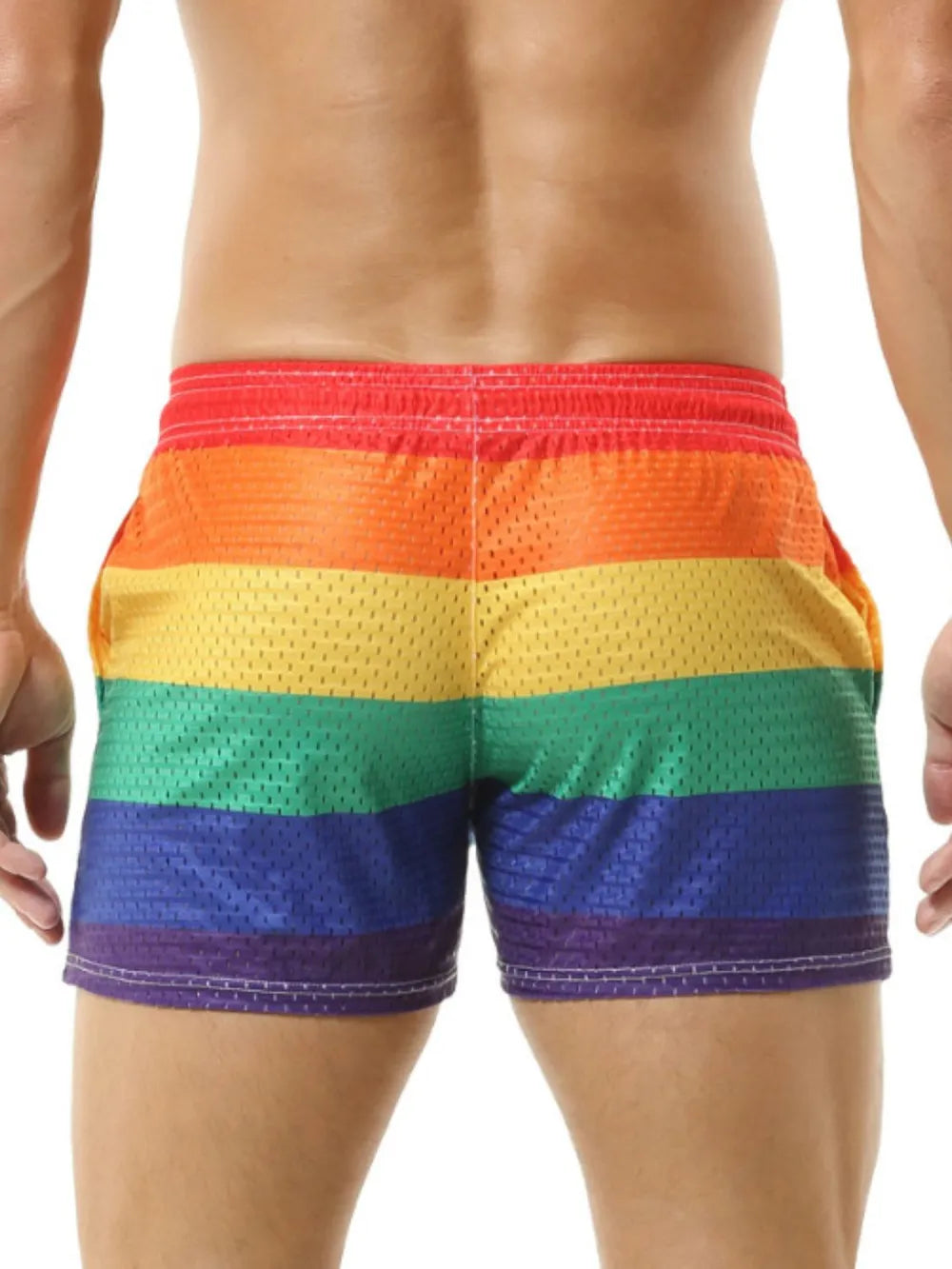 Rainbow mesh drawstring swim shorts with elastic waistband and side pockets.
