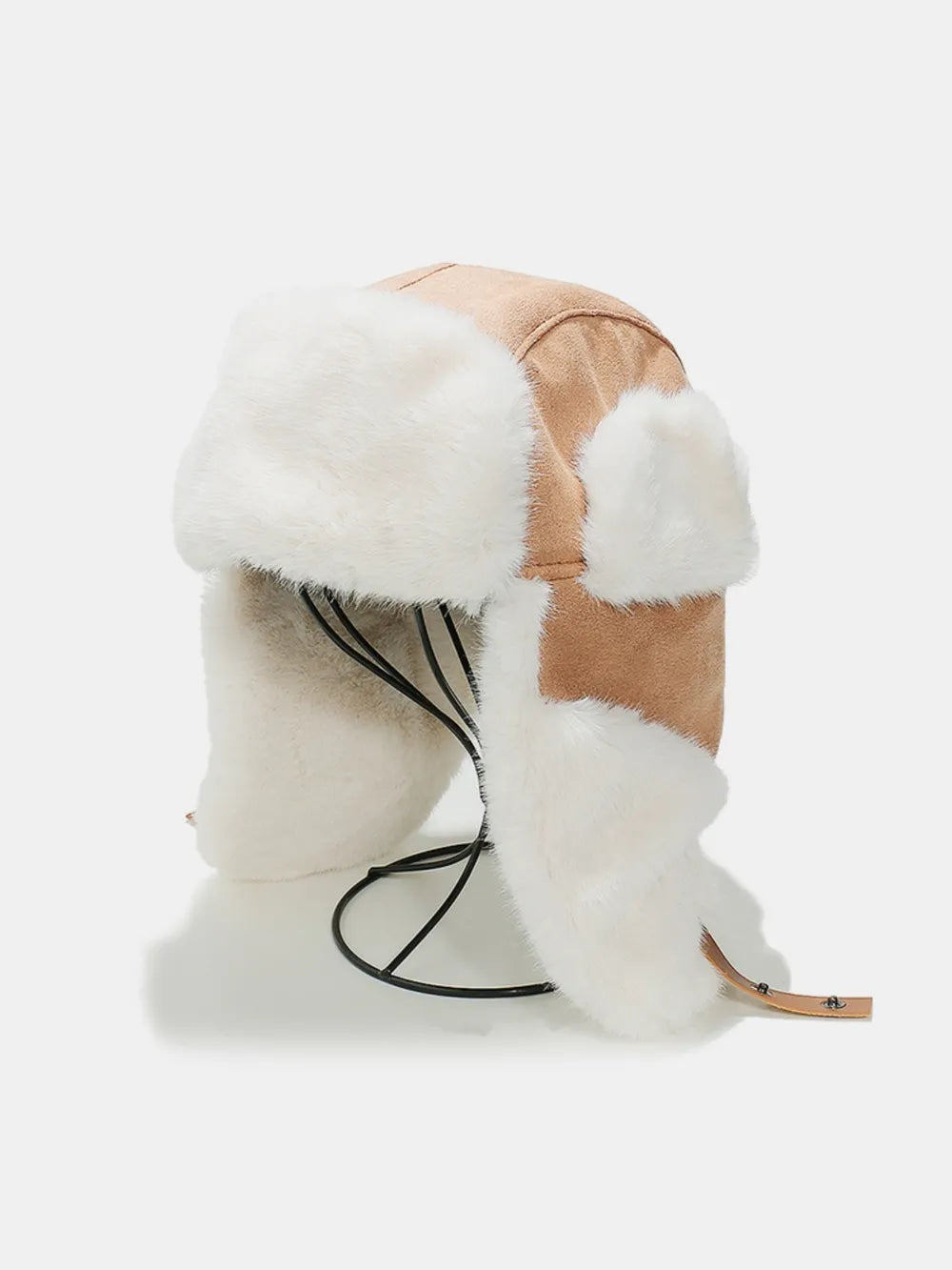 Camel aviator trapper hat with white faux fur trim and ear flaps.