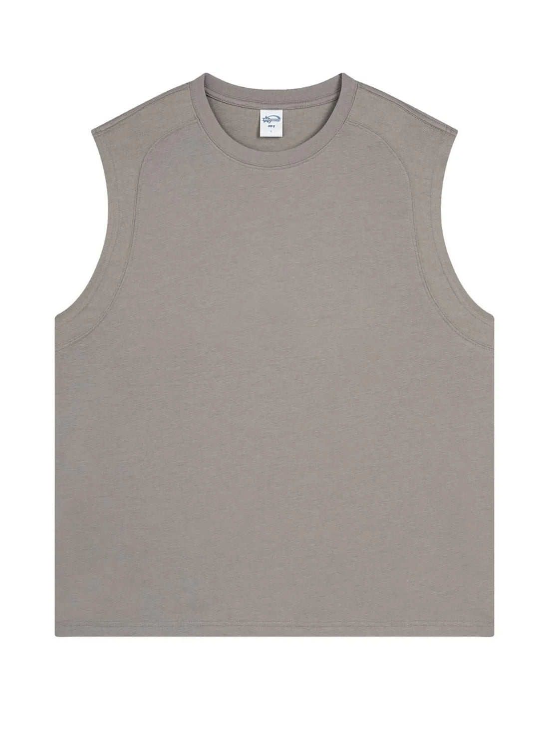 Sleeveless shoulder-seam tank top in gray with a crew neckline.