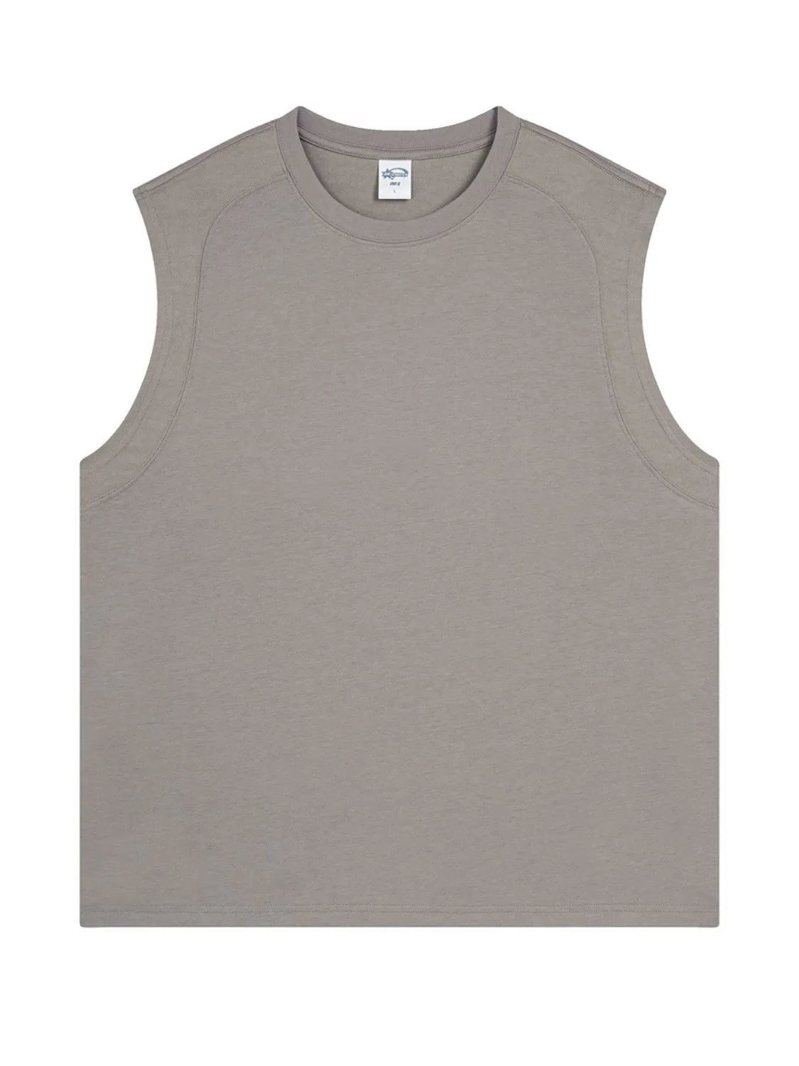 Sleeveless shoulder-seam tank top in gray with a crew neckline.