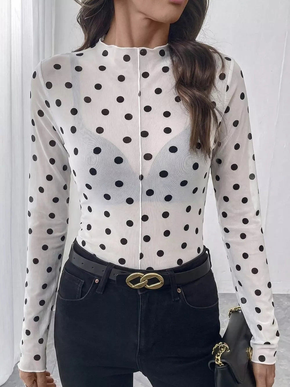 blouse in Red with polka-dot and mesh