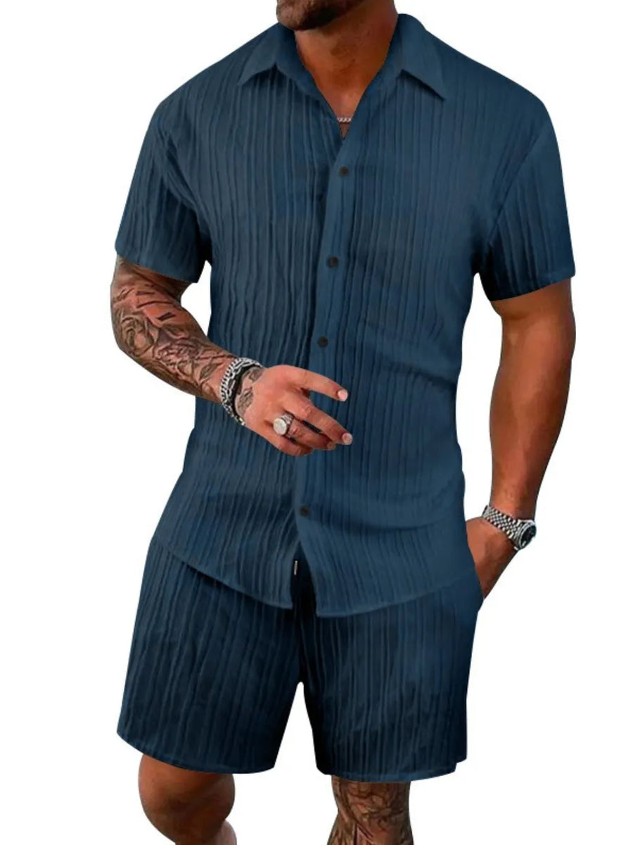 Textured pleated resort shirt and shorts set in peacock blue with button front and spread collar.