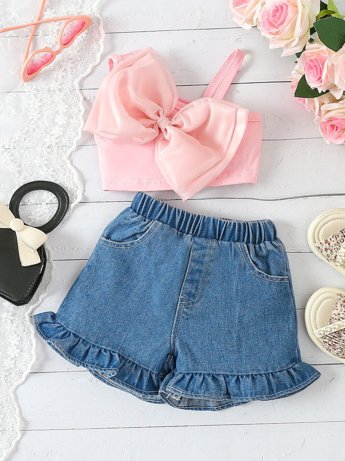 Pink bowknot crop top and ruffled denim shorts set for girls