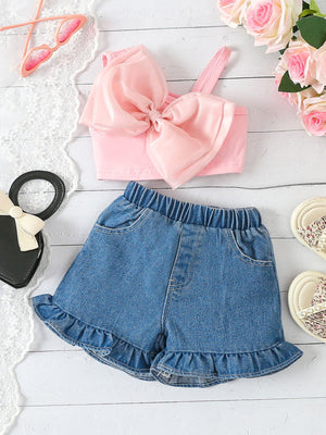 Pink bowknot crop top and ruffled denim shorts set for girls