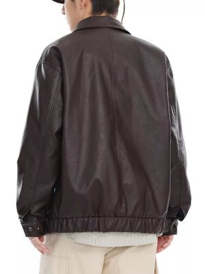 Brown faux leather bomber jacket with elasticated hem and cuffs.