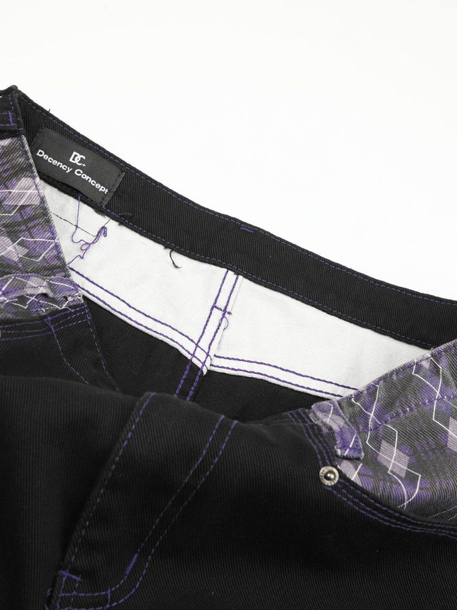 wide-leg jeans featuring argyle in Black with 100% Cotton Care instructions: Machine wash cold texture