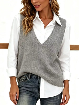Gray Chic V-neck Sleeveless Knit Sweater Vest Plus Size