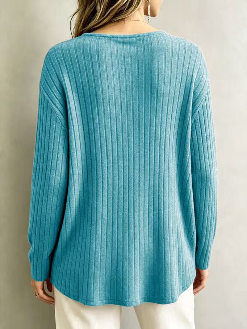 V-Neck Ribbed Long Sleeve T-Shirt in Blue with ribbed