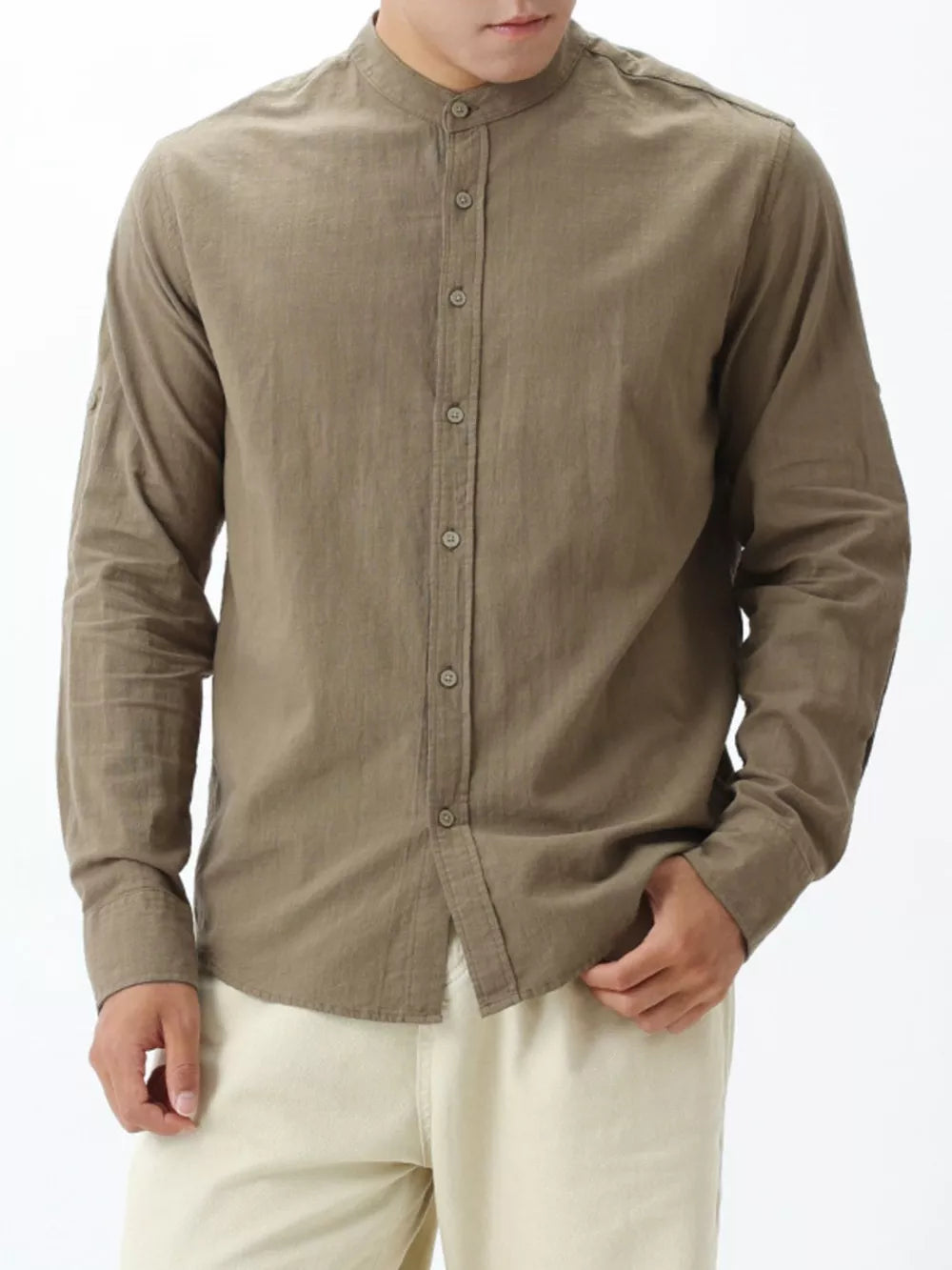 Men's Desert Color 100 cotton Mandarin collar shirt with button-down front.