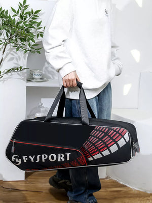 Black nylon sports equipment bag with red and white graphic detail and FYSPORT logo