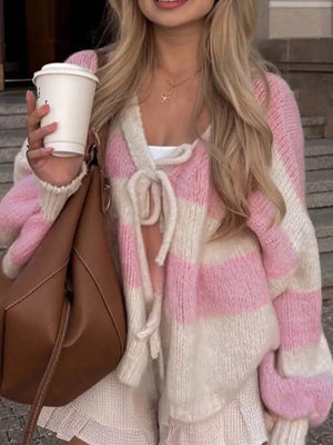 Pink V-neck Ribbed Long-sleeve Top