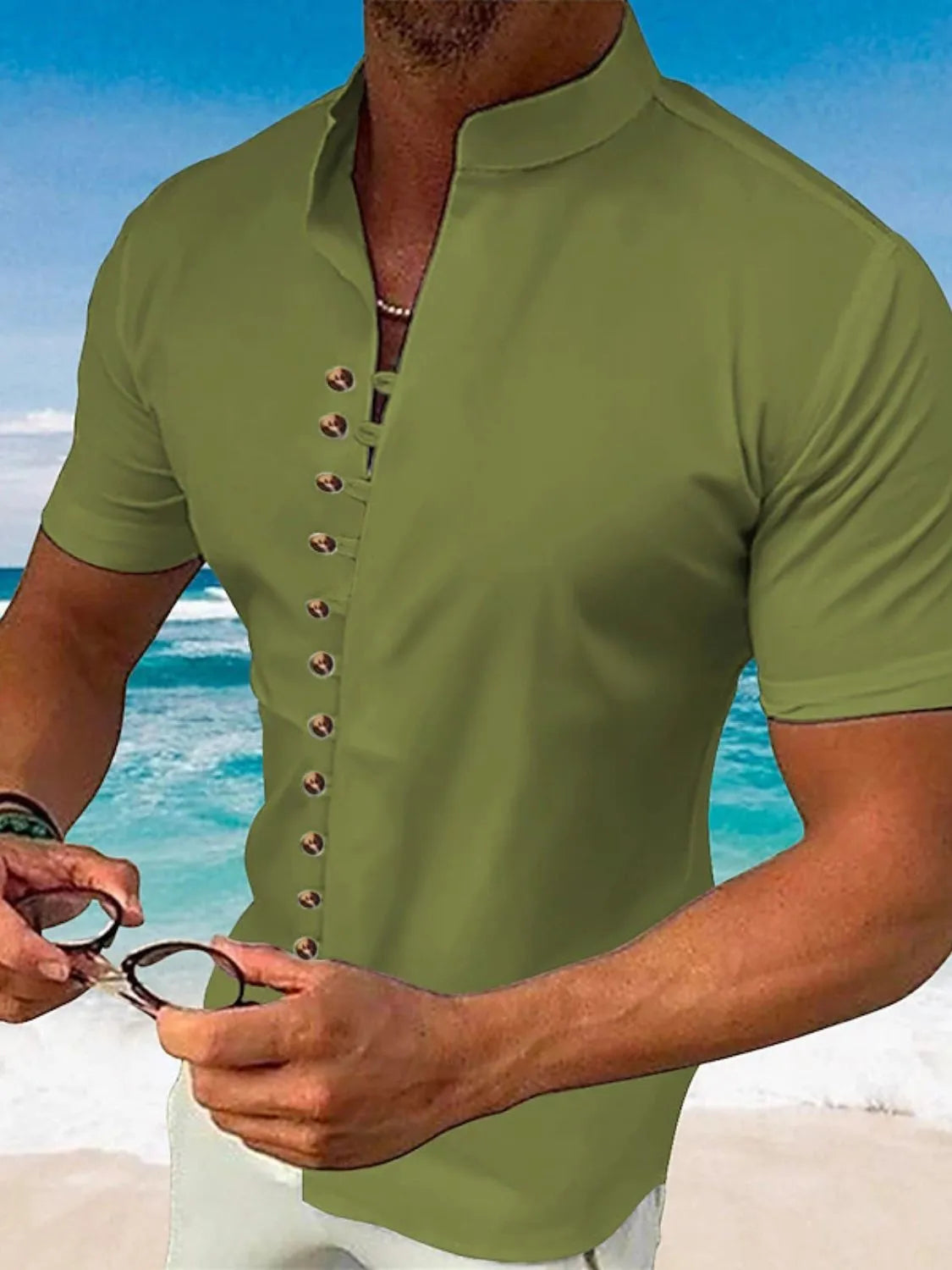 Moss green Mandarin collar henley shirt with button detail, short sleeves, casual fit
