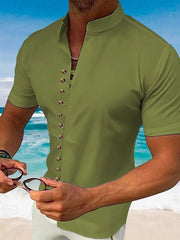 Moss green Mandarin collar henley shirt with button detail, short sleeves, casual fit