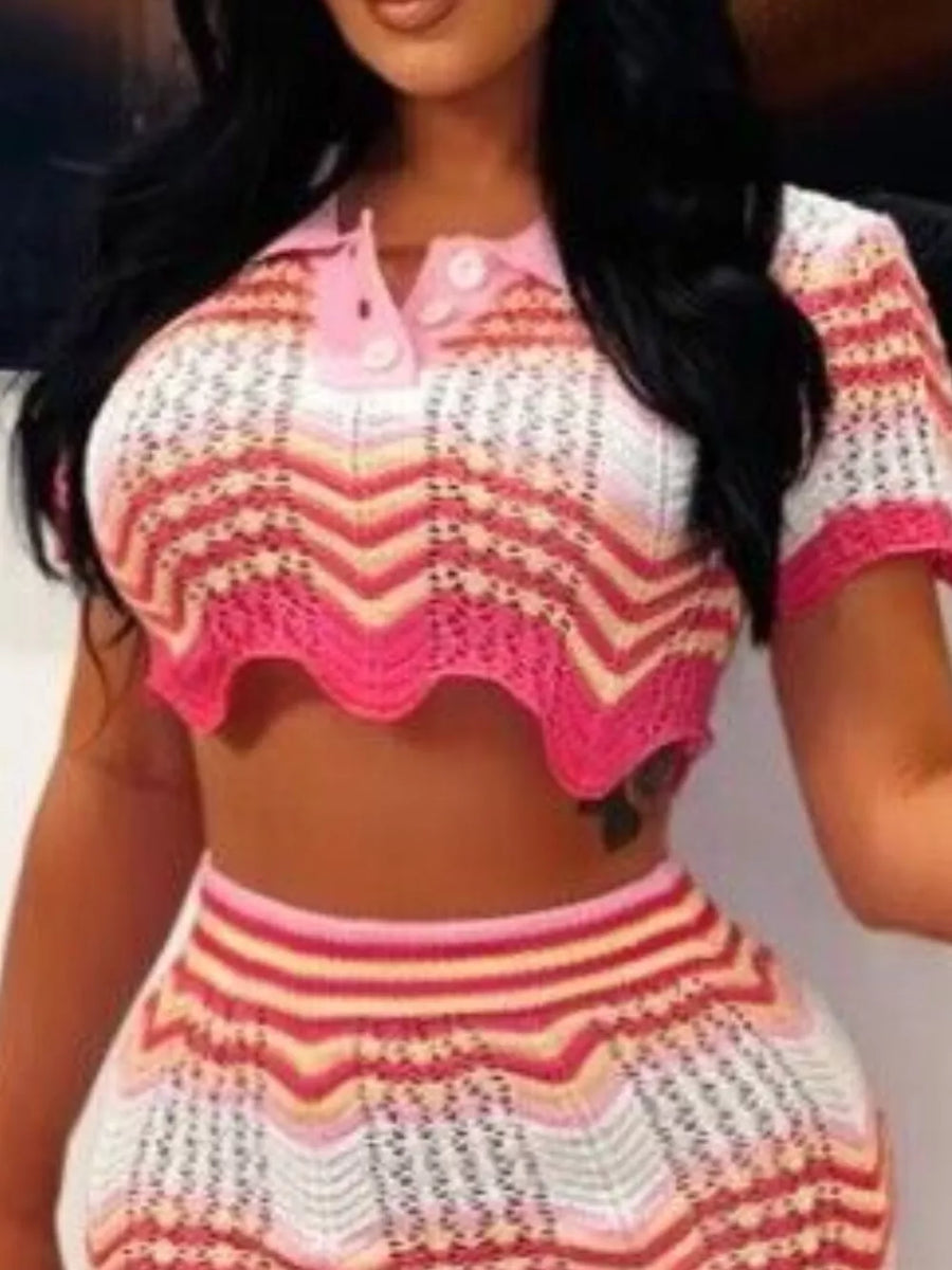 Chevron knit crop top and skirt set with pink collar and stripes