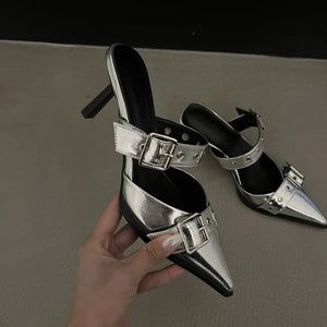 Silver pointed buckle mule heels with strap detail