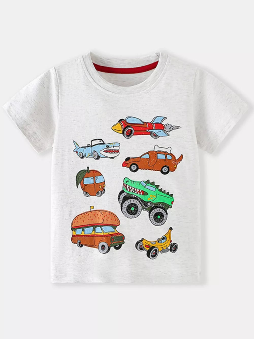 Light grey cotton t-shirt with whimsical vehicle print, crew neck, short sleeves.