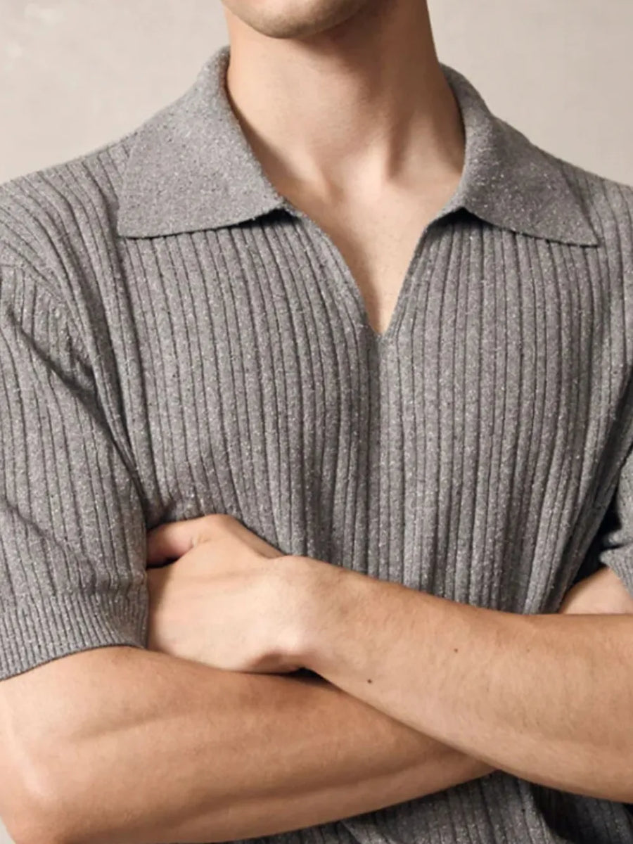 Gray ribbed knit polo with Johnny collar and short sleeves.