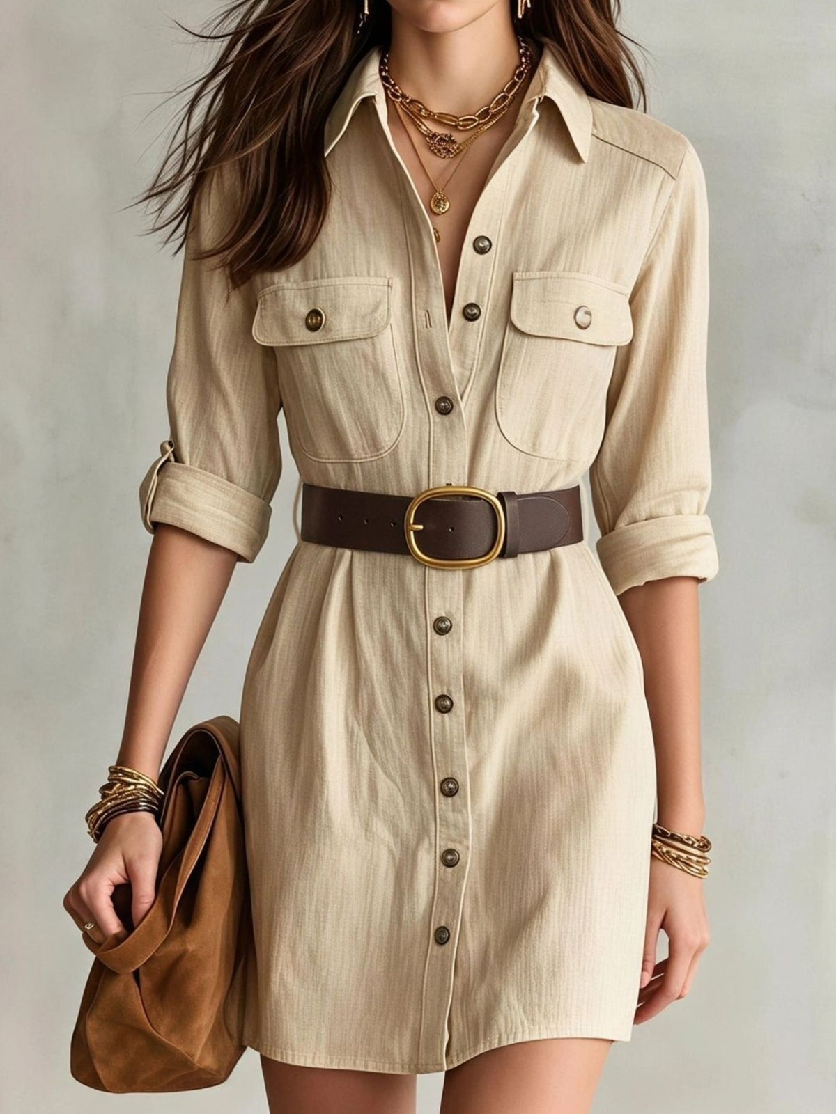 shirt dress in light beige featuring buttoned and A-line fit