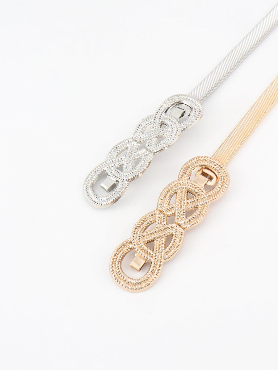 Gold and silver intertwined knot metal waist belts with elastic bands.