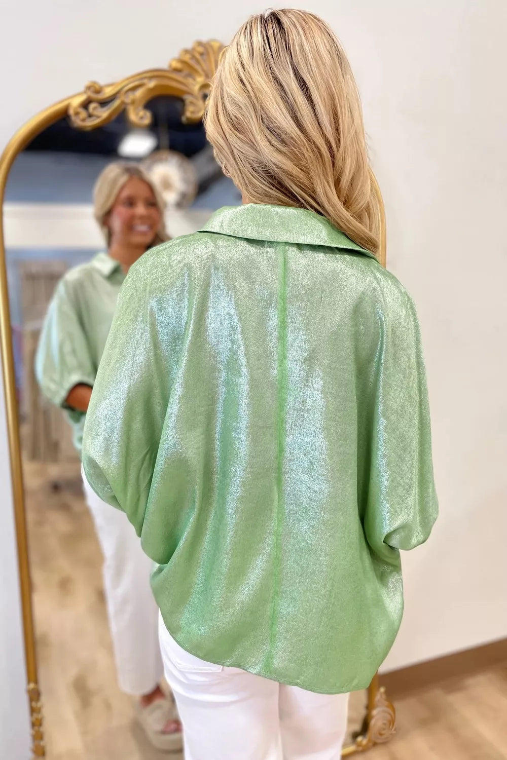 Textured Johnny collar blouse in Gum Leaf green with elastic cuffs.