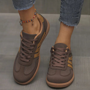 Dark Brown retro stripe walking sneakers with gold accents and lace-up closure.