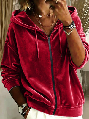 zip hoodie in charcoal with drawstring and hip-length