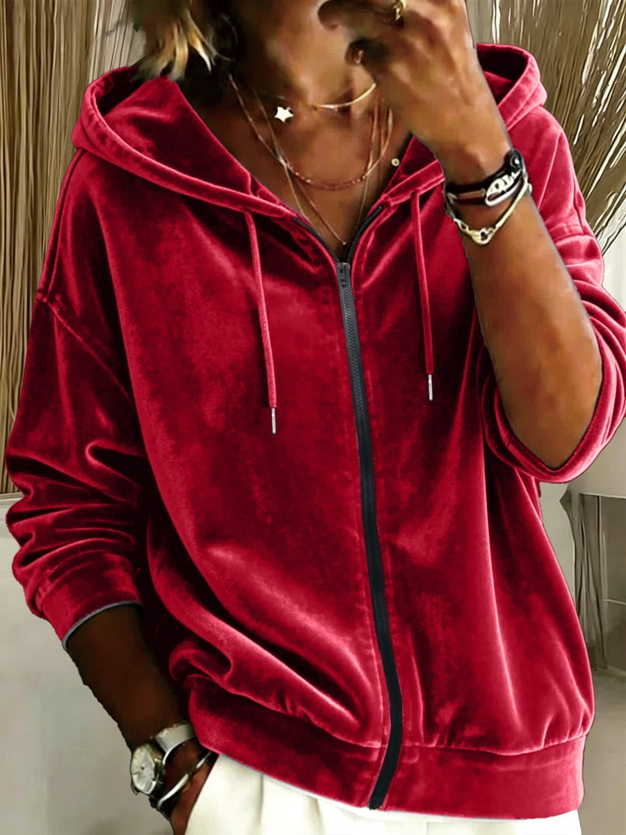 zip hoodie in charcoal with drawstring and hip-length
