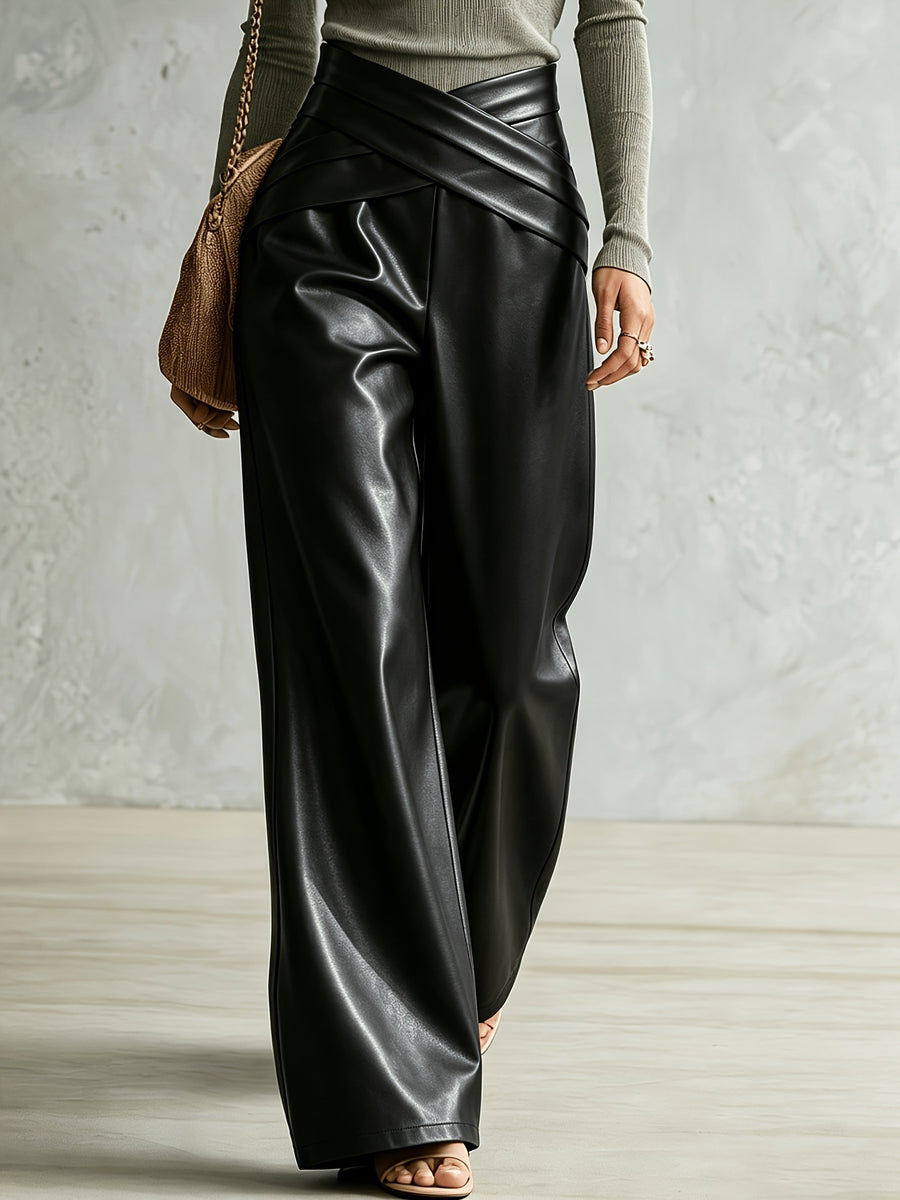 wide-leg pants in olive green with seam detail and full-length