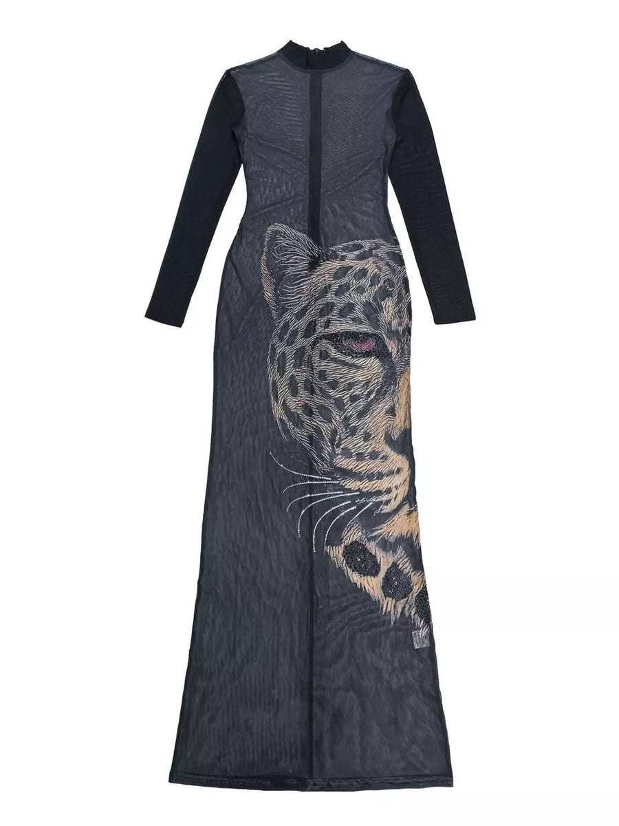 Leopard Print Mesh Long Sleeve Maxi Dress option 5