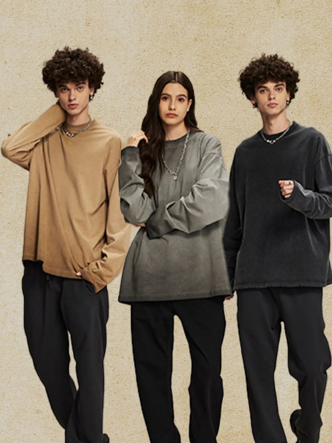 Oversized washed cotton long sleeve tee in black and camel, crew neck, casual fit