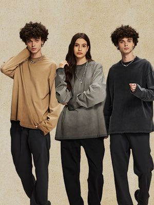 Oversized washed cotton long sleeve tee in black and camel, crew neck, casual fit